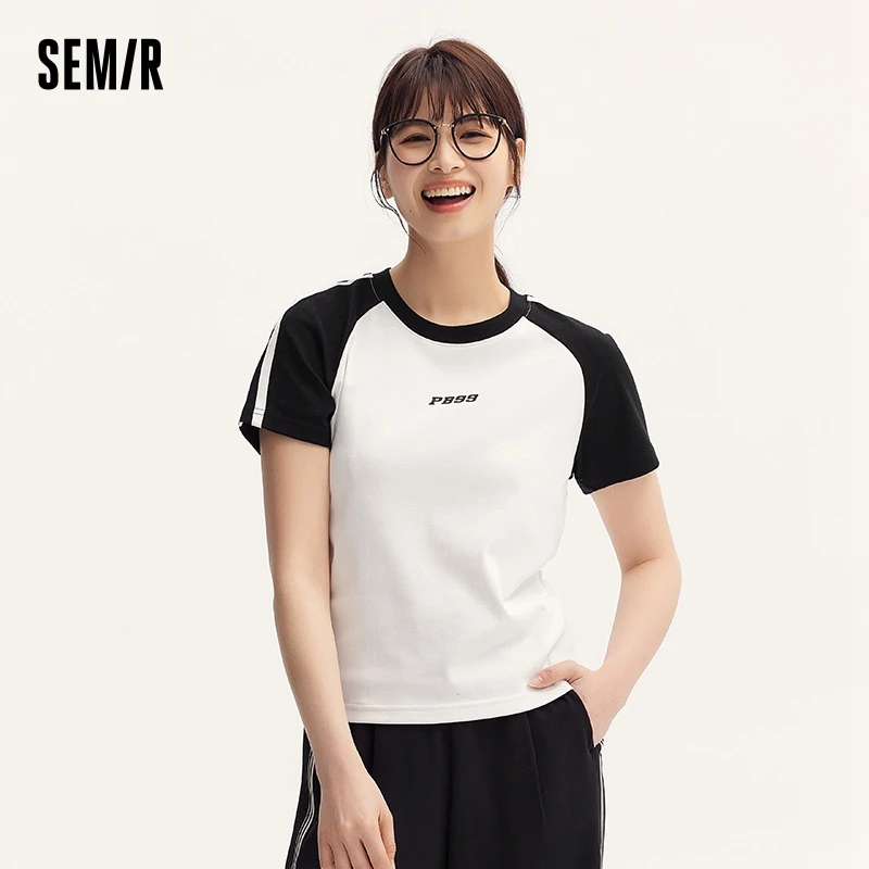 Semir T-Shirt Women 2024 Summer New Short-Sleeve Color Block T-Shirt Short Length Drop Shoulder Sleeves Collection Slim Fit