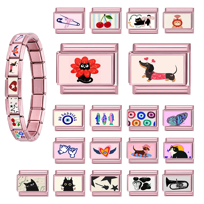 Modischer, lustiger Katzen-, Hunde-, Fisch-, Kirsch-, Herz-Anhänger in Rosa, passend für 9mm Edelstahl-Armbänder für Damen, DIY-Geschenk, Großhandel