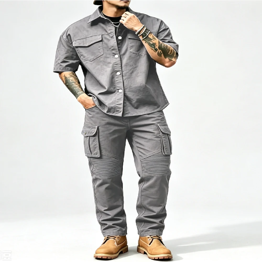 New Men's Casual Workwear 100% Cotton Multi-Pocket Short-Sleeved Shirt and Pants Set - H0448