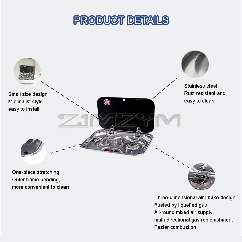 Outdoor RV camper kitchen Stainless steel Gas double-headed Stove tools Tempered glass cover 2*1.35KW camping car accessories