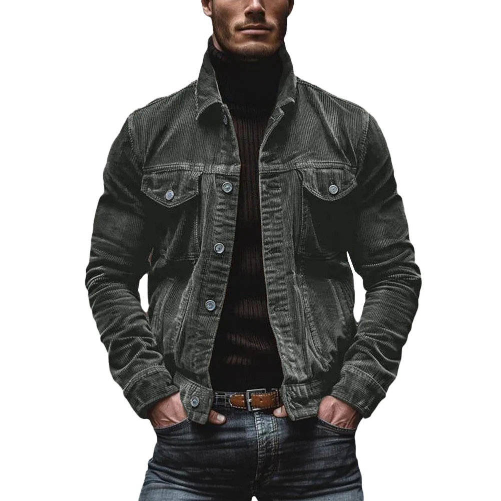 Casual Outing 2XL Mens Corduroy Jacket Button Up Lapel Coat For Men Hip Hop Coat Casual Outwear Suitable For Winter Lapel Design