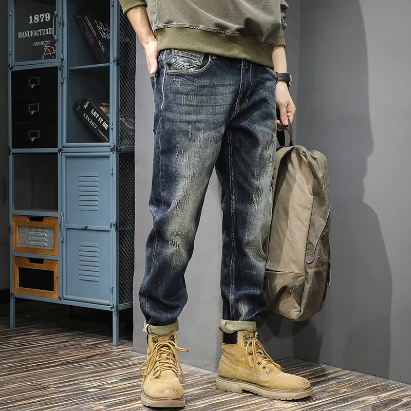 

High-end fashion brand heavy retro men's jeans American water wash to do old stretch legs spring and autumn straight pants