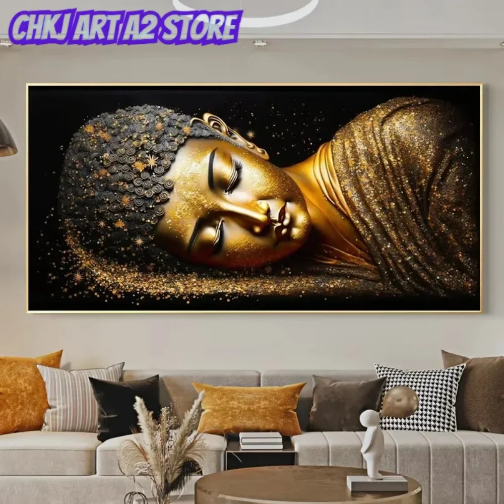 Golden Buddha Buddhist Canvas Painting Print Classic Retro Wall Art Large Size Reclining Poster Home Living Room Bedroom Decor