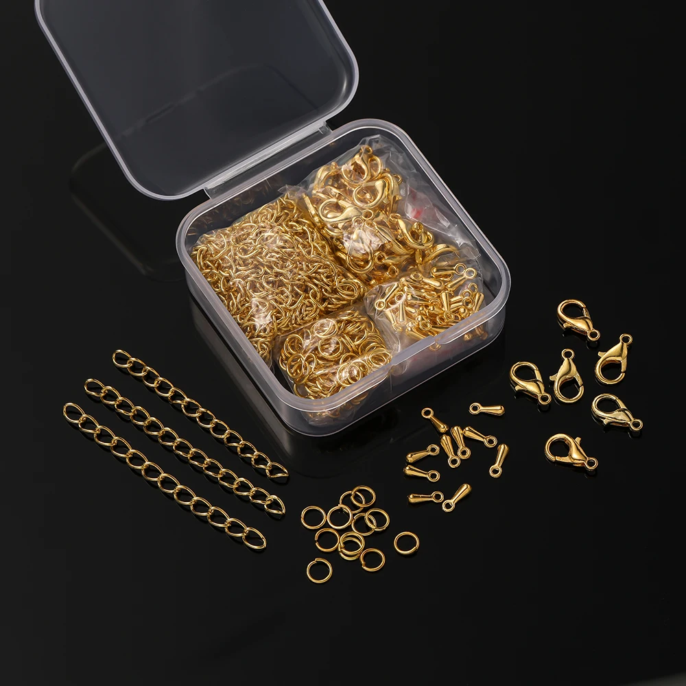 200pcs/Box Lobster Clasp Open Jump Rings Extension Chain Water Drop End Pendants Connector Kit for DIY Jewelry Making Findings