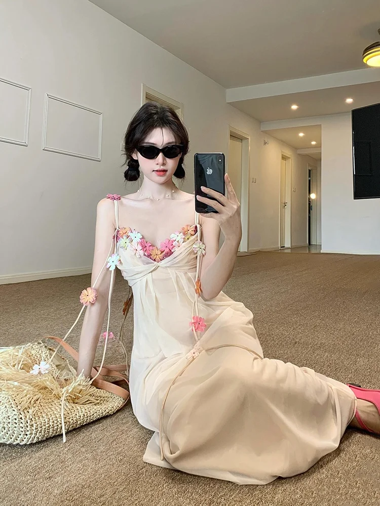 

Spring Summer Floral Halter Dress plus Size Women Fairy Vacation Gown Commute Style Korean Version Slim Fit A-Line Skirt