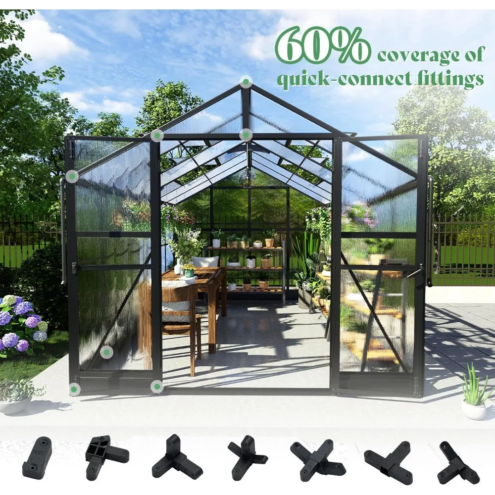 Polycarbonate Greenhouse, Walk in Greenhouse with Quick-Connect System and 4 Vent Windows - Swing Lockable Door, 8x12x7FT