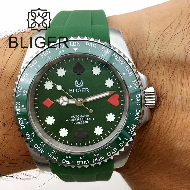 BLIGER New Poker Pattern Green Automatic Men Watch 24 Jewels NH35A Movement Curved End Rubber Band Date Cyclop Screwdown Crown