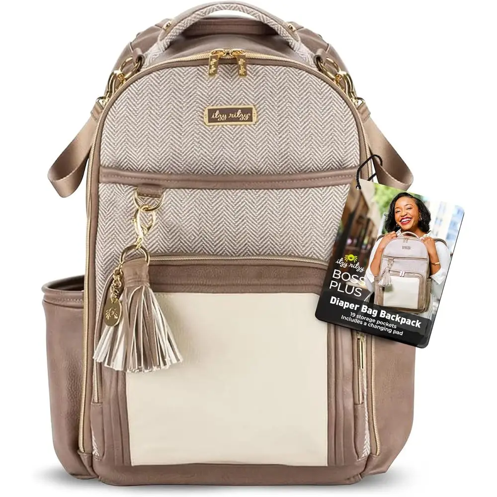 

Large City Plus Baby Backpack with 19 Pockets, Changing Pad, Stroller Clips, and Comfortable Straps in Vanilla Latte