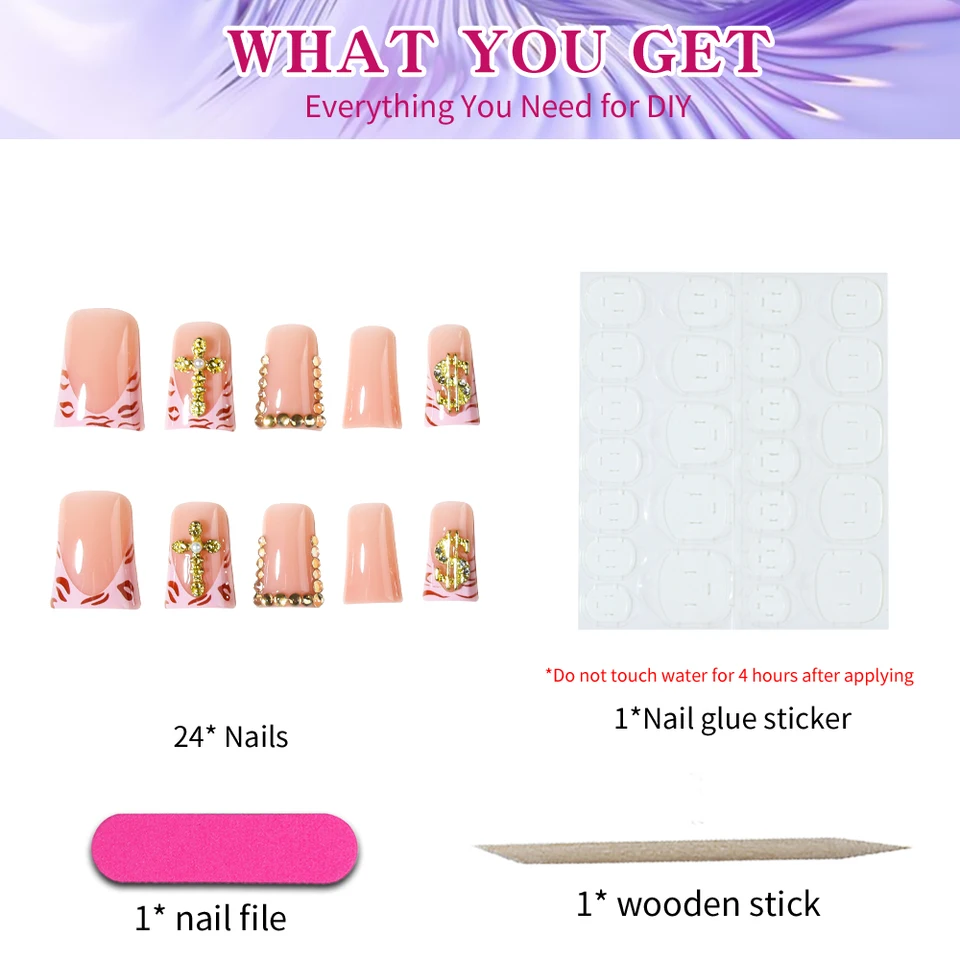 Mejora tu look con 24 uñas Y2K largas tipo pico con cruz 3D y decoración de strass, diseño de punta francesa, uñas postizas largas 5