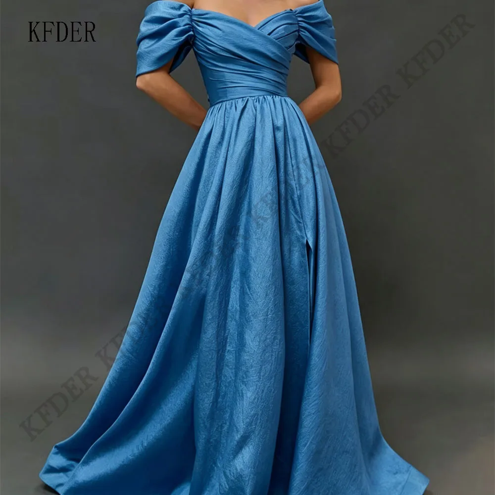 Blue Side Slit Prom Evening Dresses Arabia Off Shoulder Satin Party Dress Women Night Long A Line Prom Gowns Customized