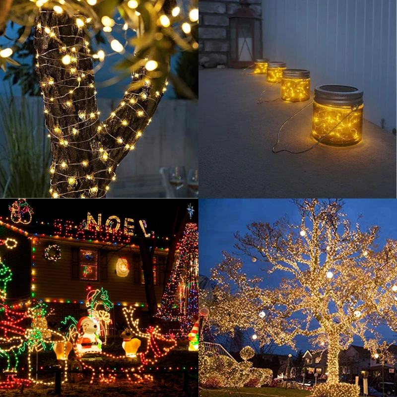 Solar Powered Silver Wire Mini LED Luzes de Natal, Iluminação impermeável do feriado, Guirlanda de Cordas, Fairy Lights, Decoração do Dia das Bruxas, 100m