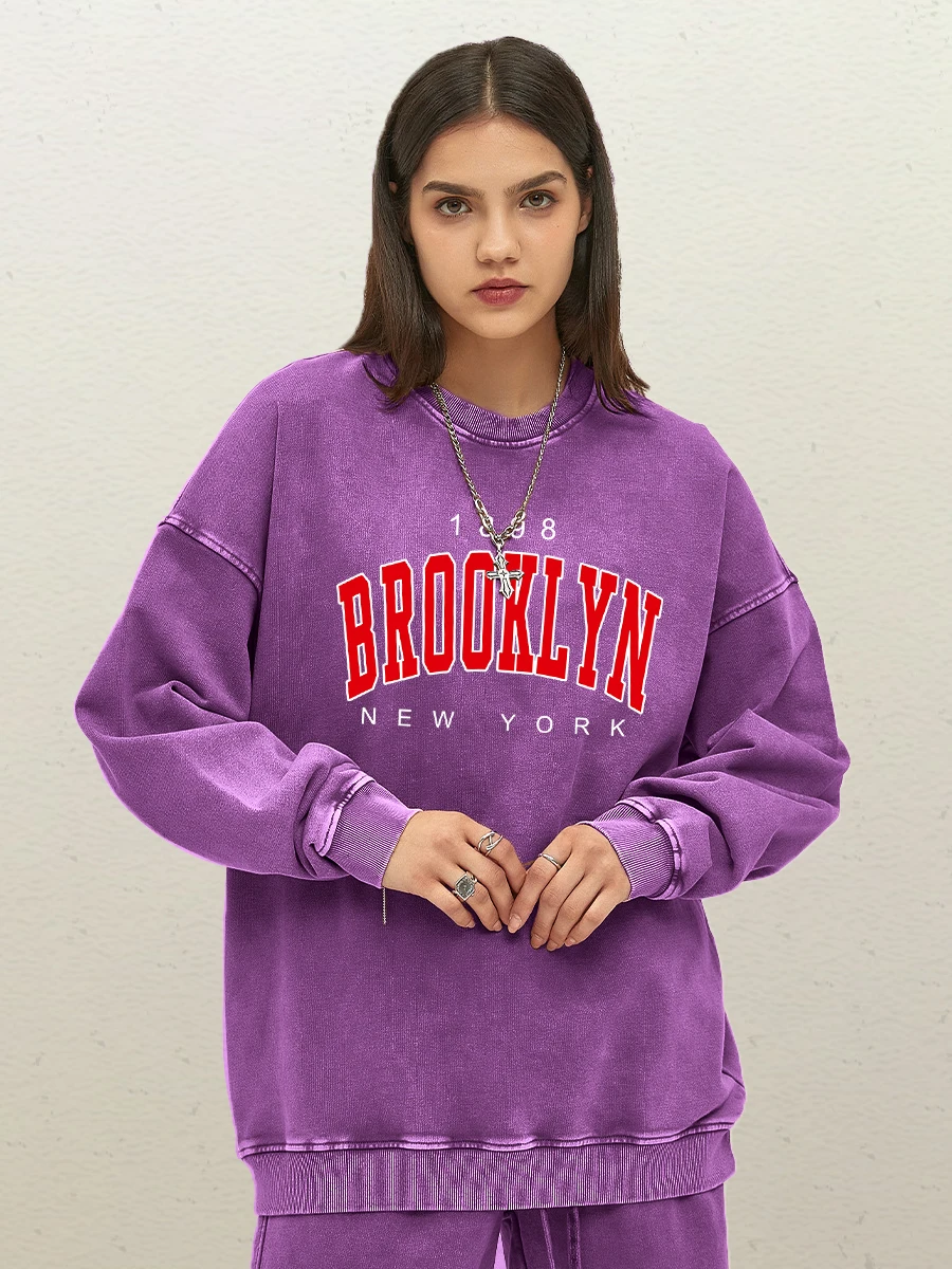 1898 Brooklyn New York Print Woman Washed Cotton Sportswear Vintage Crewneck Clothes Autumn Oversize Streetwer Couple Tops