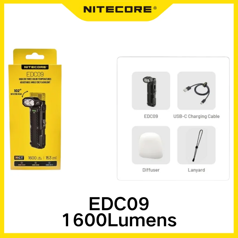 NITECORE EDC09 1600Lumens USB-C Rechargeable EDC Flashlight Bulit-in Battery Adjustable Angle Protable Wrok Light