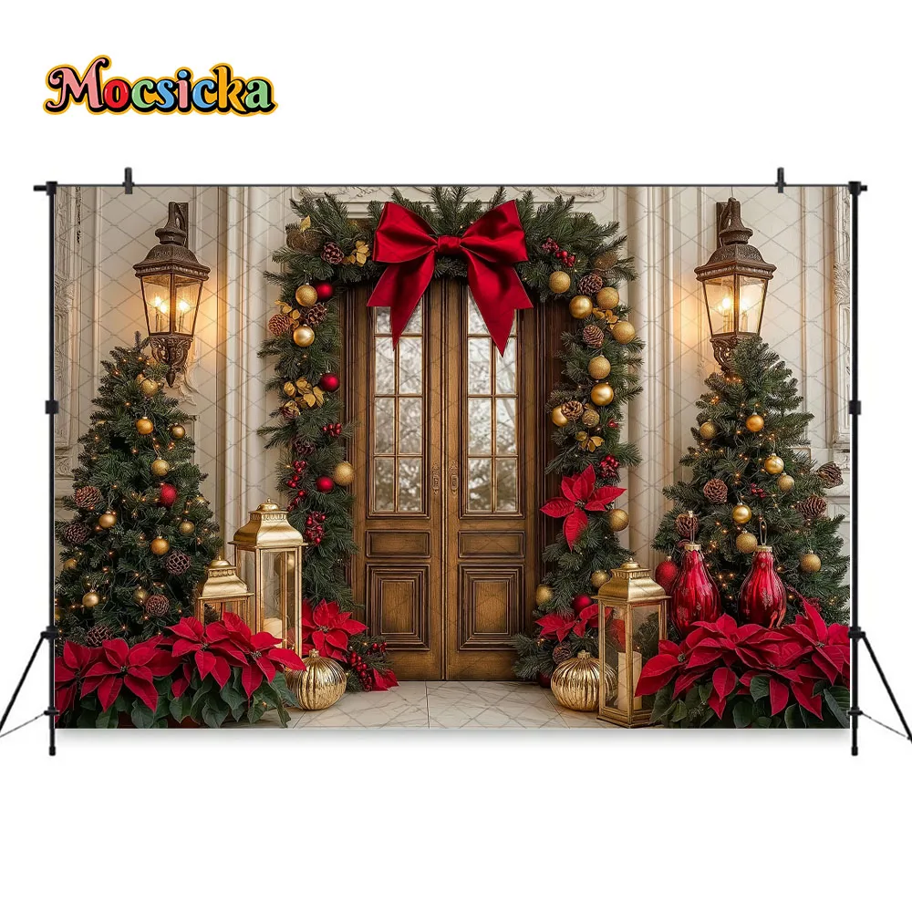 Mocsicka شجرة عيد الميلاد قصر خلفية التصوير الفوتوغرافي القوس الأحمر ديكور عيد الميلاد إكليل فانوس خلفية الشتاء طفل رضيع استوديو الصور