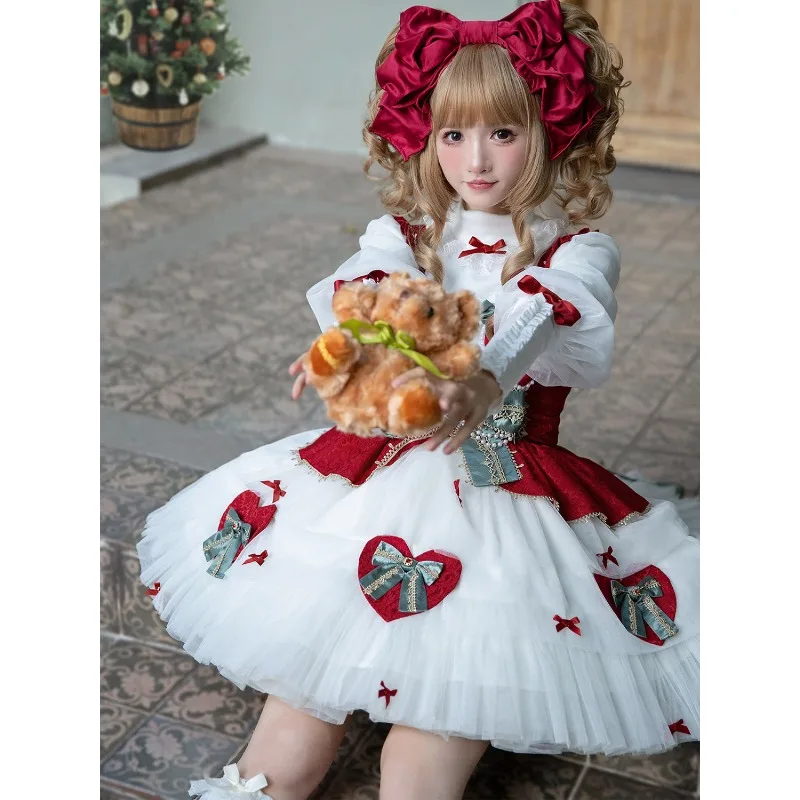 Japanese Victorian Christmas Lolita  Dress Women Kawaii  Long Sleeve Top Sweet Lace Heart Bow Sundresses Y2k JSK