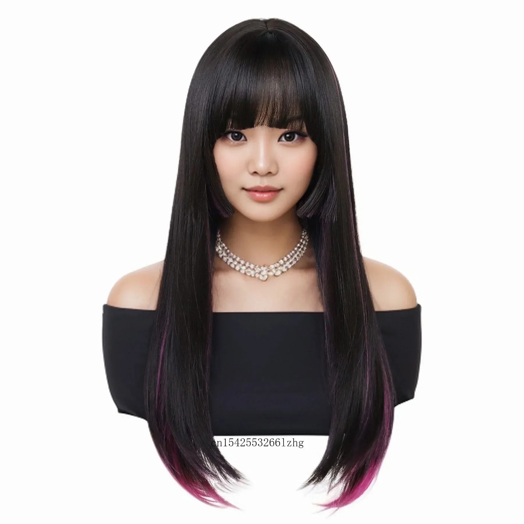 GNIMEGIL Synthetic Hair Long Straight Wigs with Bangs Natural Wig for Women Casual Wig Brown Blend Wig with Highlights Rose Red