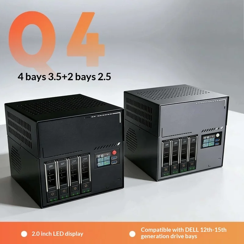 4-Bay NAS Chassis 220x220x230mm - ITX/MATX, SFX PSU, 70mm Cooler, Dual Half PCIe, Hot-Swap Backplane