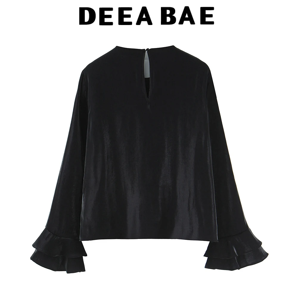 DEEABAE 2025 Winter New Product Women's Round Neck Long Sleeve Bright Fabric Stacked Decoration Back Split Shirt