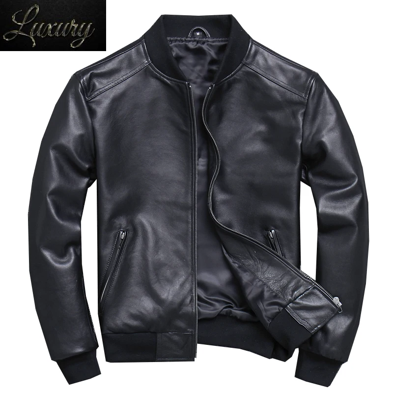 

Black Aviation Genuine Leather Bomber Jacket Men Pilot Sheepskin Real coat short Slim business jacket leather