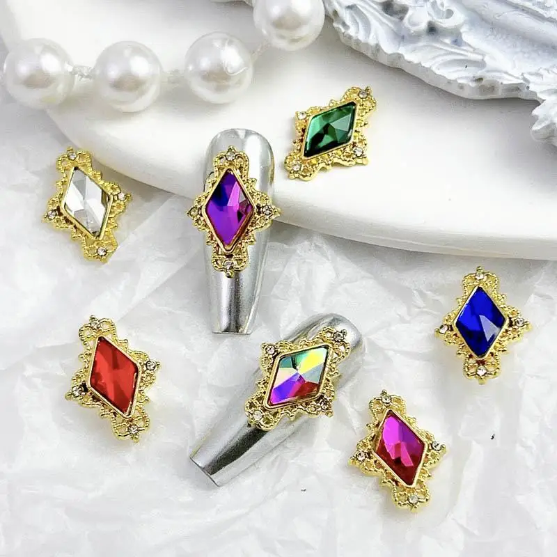10Pcs Light Luxury Metal Alloy Lozenge Nail Charms Colorful Glass Diamond Inlaid Geometric Nail Art Decorations for DIY Nails