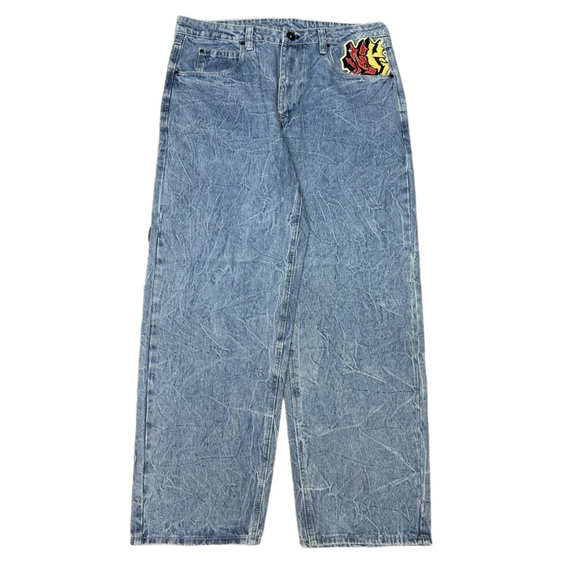 

American Retro Street Hiphop Embroidery Oversize Skateboard Jeans Straight Leg Wide Leg Pants mid Waist Long Trousers for Youth