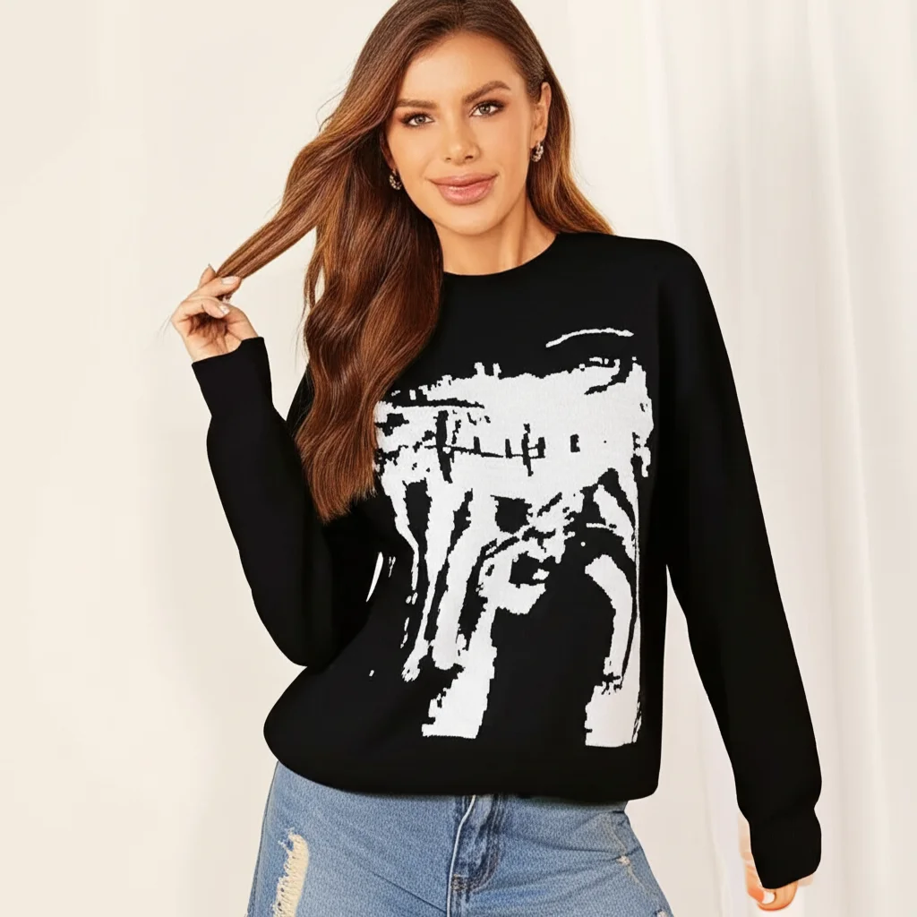 

Winter Warm Knit Sweater Female Gothic Aesthetic Loose Pullover Harajuku Casual Top Soft Thick Yarn Sweater Black And White