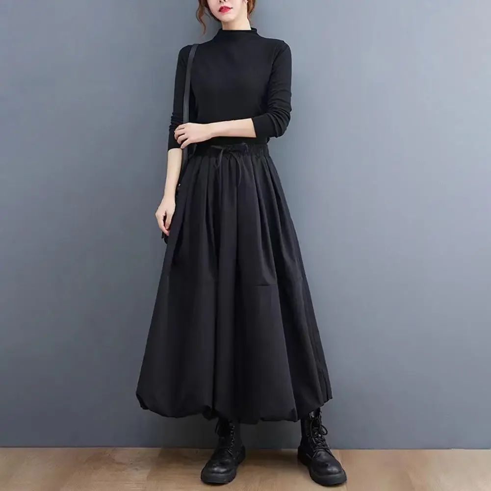 女性マキシスカート Balck 和風ポケットパフスカートレディースカジュアル弾性ウエストレースアップハイウエストプリーツ A ラインスカート