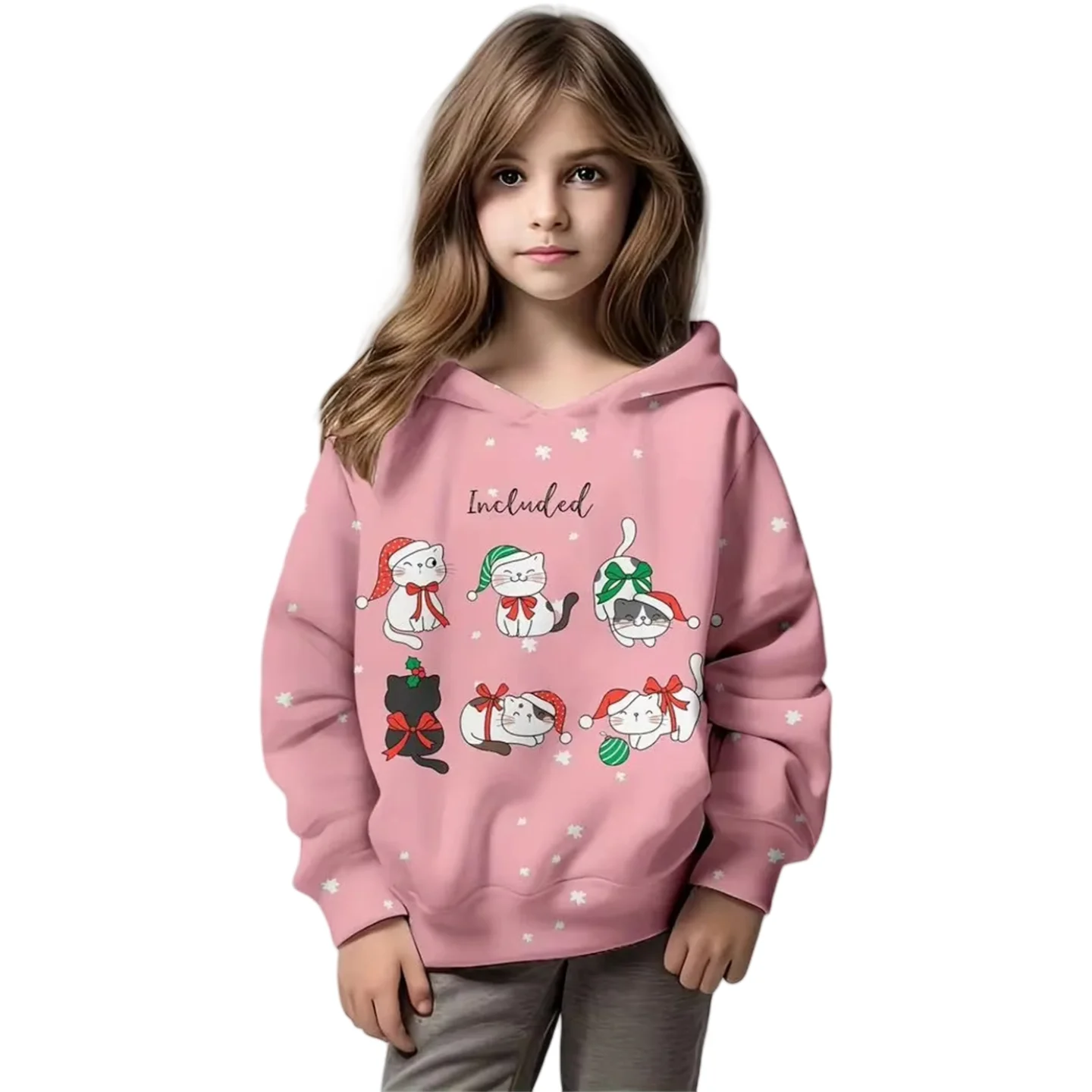 

Autumn New Style Christmas Cat Cartoon 3D Print Kids' Hooded Sweatshirt Pink Girly Fashion Versatile Girls' Long-Sleeve Pullover