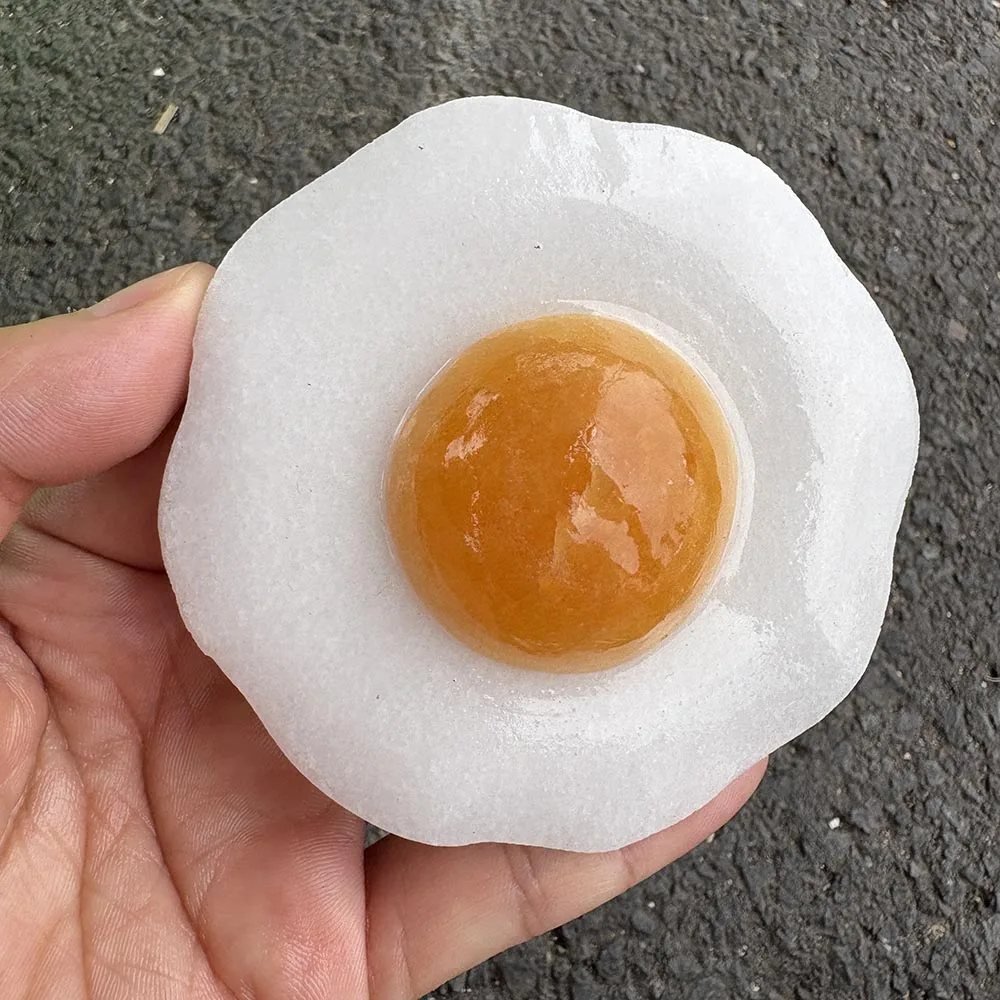 Custom-Handcrafted Natural Calcite Fried Egg Figurine - Gemstone Creative Food Statue Tabletop Decor for Healing