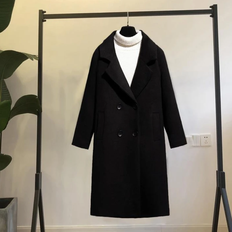 

Elegant Black Mid Length Wool Coat for Women 2025 AW Fashion Hollywood Hepburn Inspired Plus Size Slimming Overcoat