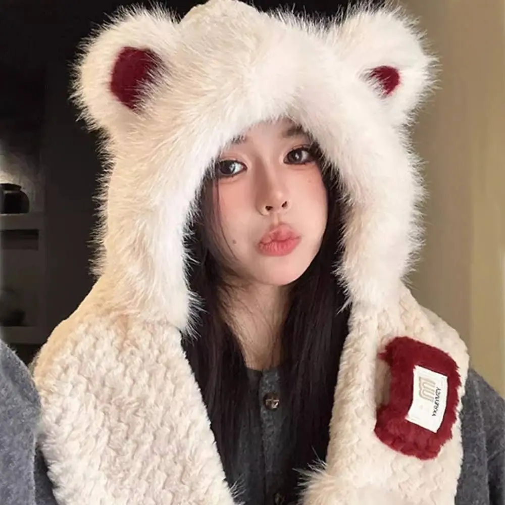 Gorro integrado de felpa bonito para invierno, bufanda cálida y gruesa con protección para los oídos, gorro informal a prueba de viento, bufanda para mujer