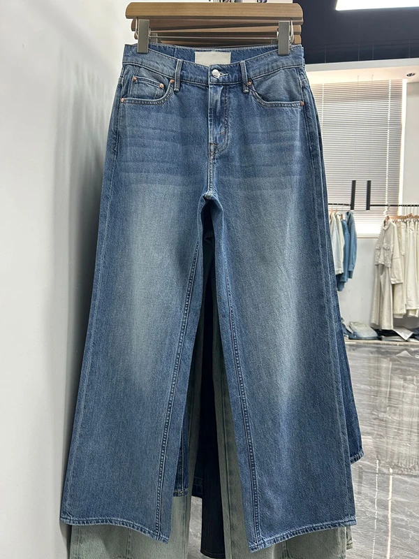 Dave&di Minimalist Mid Waist 87%cotton+13%linen Jeans Women's Jeans Woman Clothes Thin Washed Straight Leg Denim Pants For Women