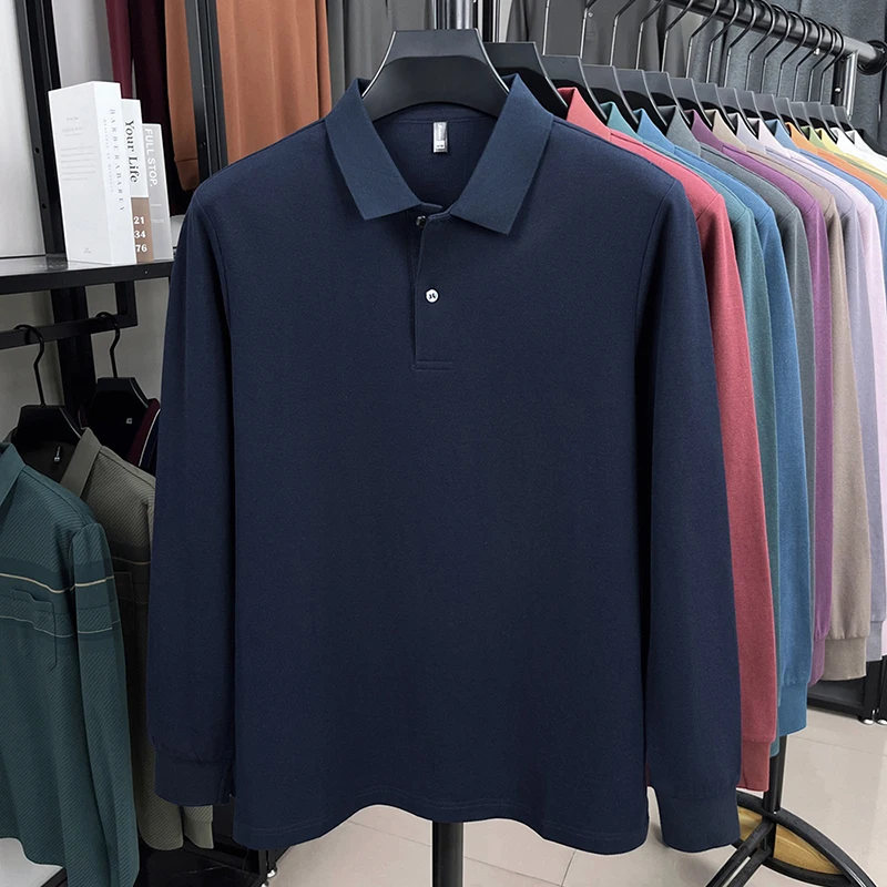 100% Reine Baumwolle Herbst Winter Herren Hochwertiges Designer Modisches Langarm-Boutique-Polohemd mit Knöpfen Lässig Bequem – Detail 15