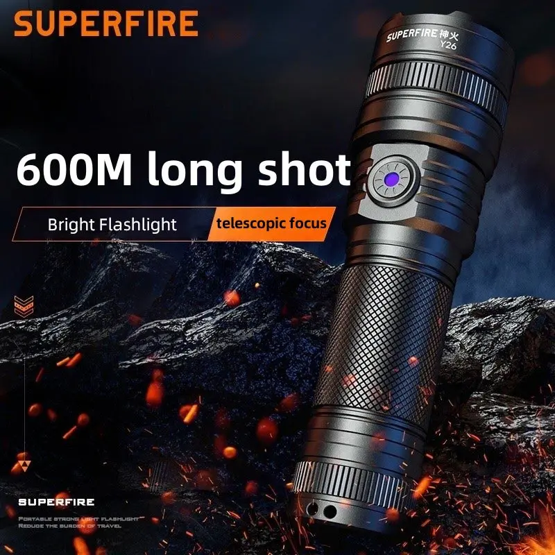 Imagem -02 - Superfire Y26-s 15w de Alta Potência Led Tocha Zoom Lanterna 600m Lanterna Portátil Longa Duração Recarregável Acampamento Caça Lâmpada