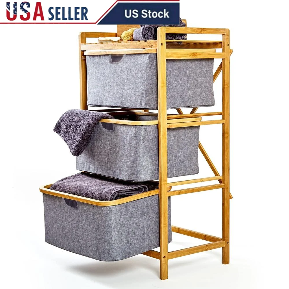 Bamboo Laundry Basket Organizer 3-Tier Pull Out Hamper Wooden Towel Cabinet Freestanding Clothes Storage Rack Organizing Unit