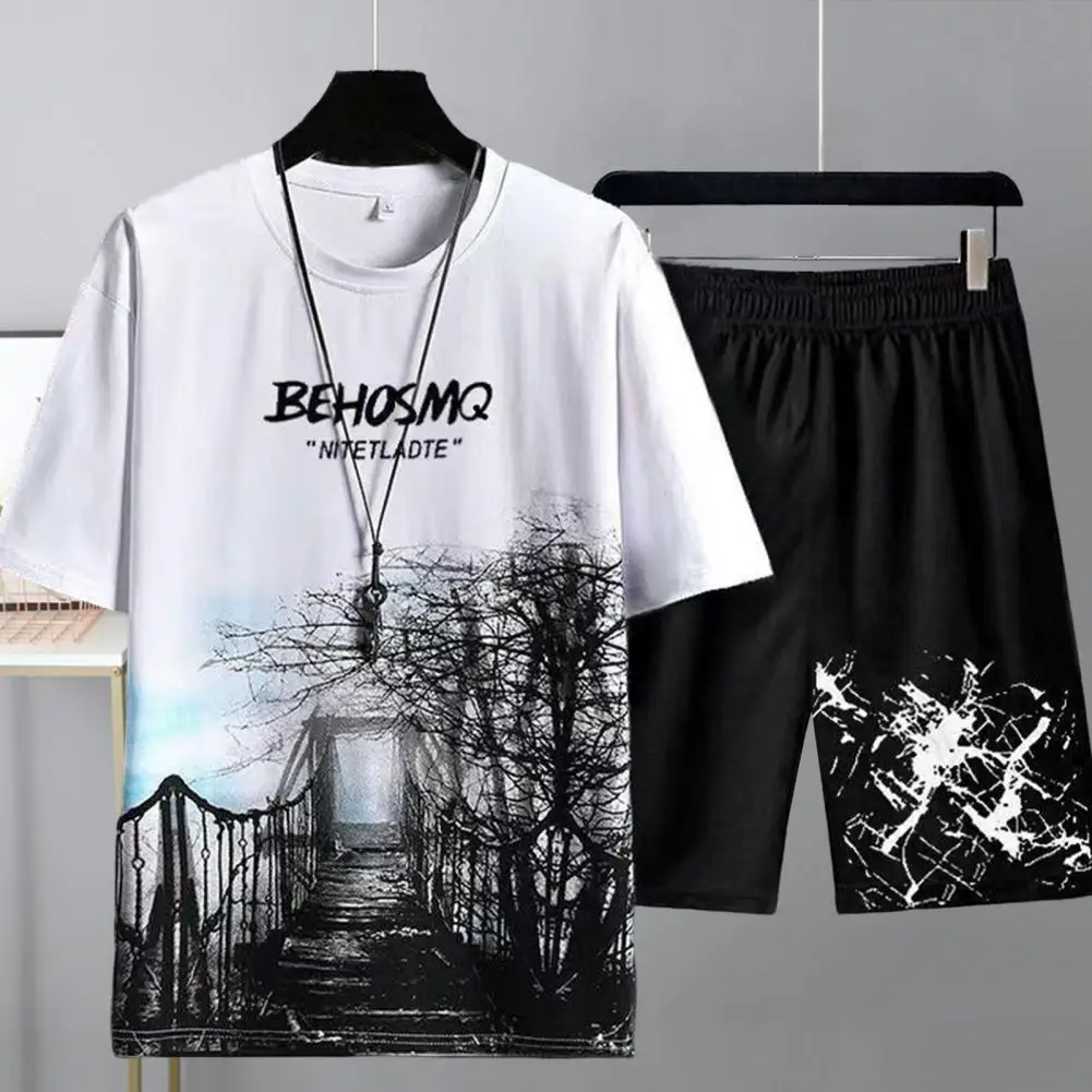 

2Pcs/Set O-Neck Short Sleeve Casual Outfit Pockets Ice Silk Men Gradient Color Letter Print Men Tracksuits T-shirt Shorts Set