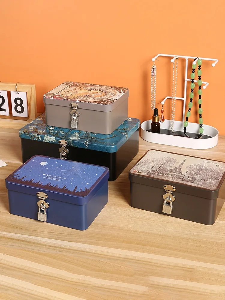 Boîte de Rangement en Étain pour Bijoux et Cosmétiques, Verrou avec Mot de Passe