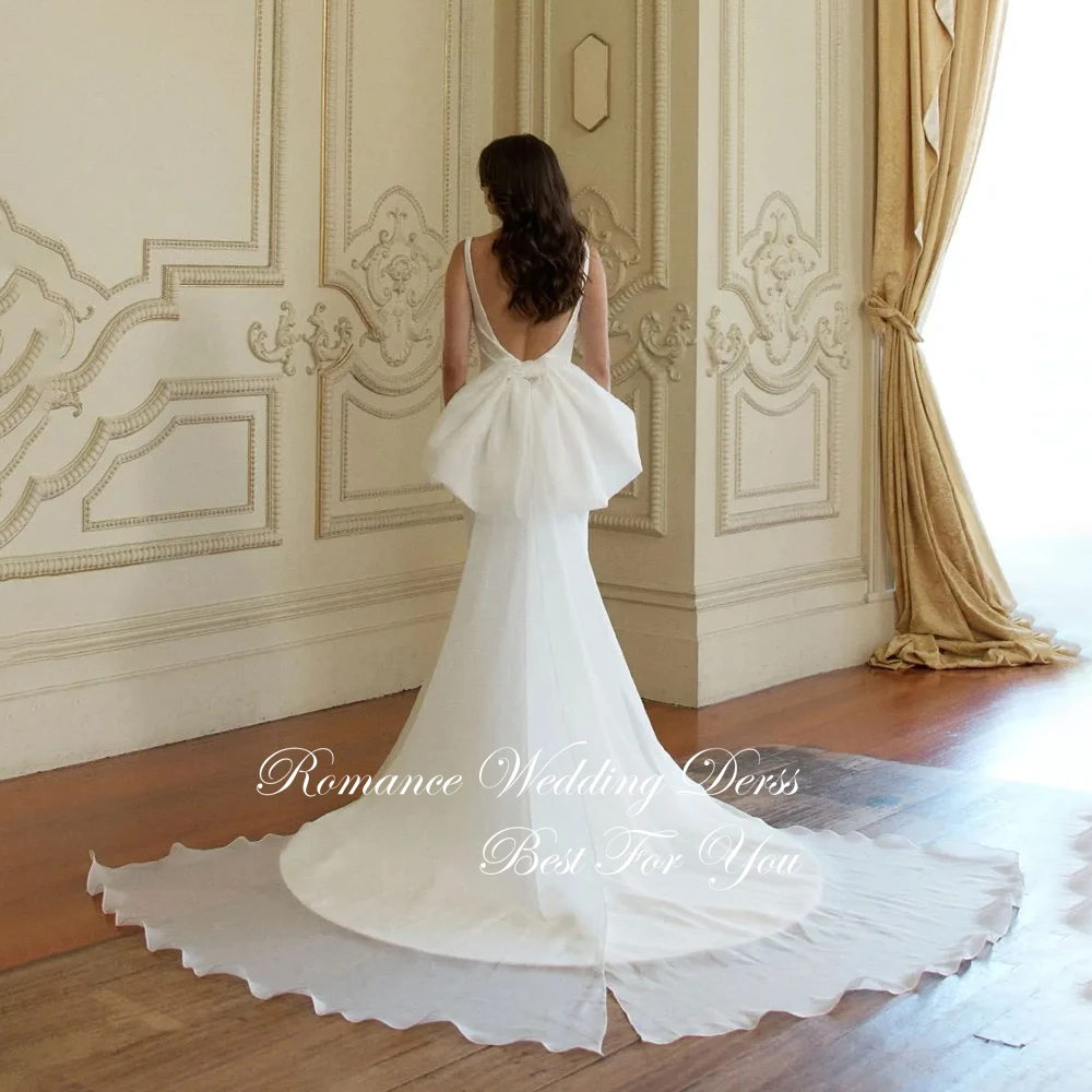 Simples plissado arco sereia vestido de casamento recortado alças espaguete sem mangas aberto volta vestido de noiva vestidos de novia personalizado