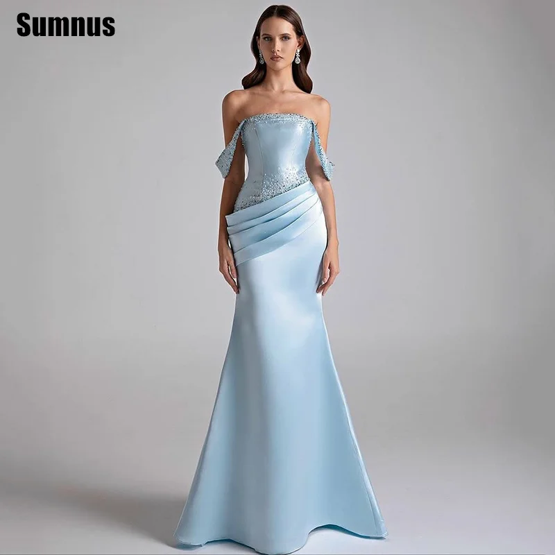 

Sumnus Elegant Mermaid Prom Dresses Sky Blue Off Shoulder Beading Pleats Maxi Evening Dresses فساتين سهرة Customized