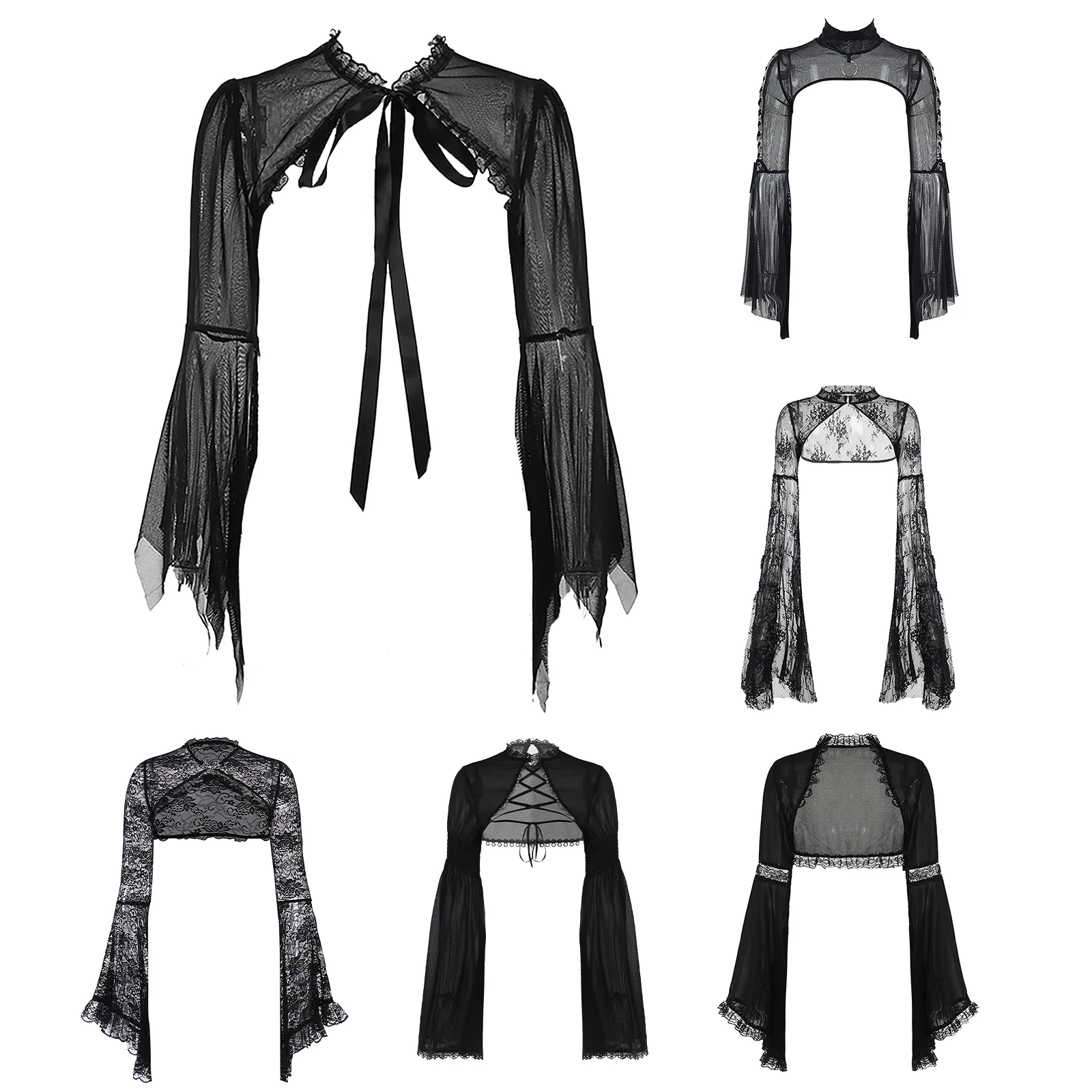 Adult Womens Dark Gothic Costume Top Lace Ruffled See-Through Shrug Cover Up Daily Fashion Street Outfit For Halloween Cosplay