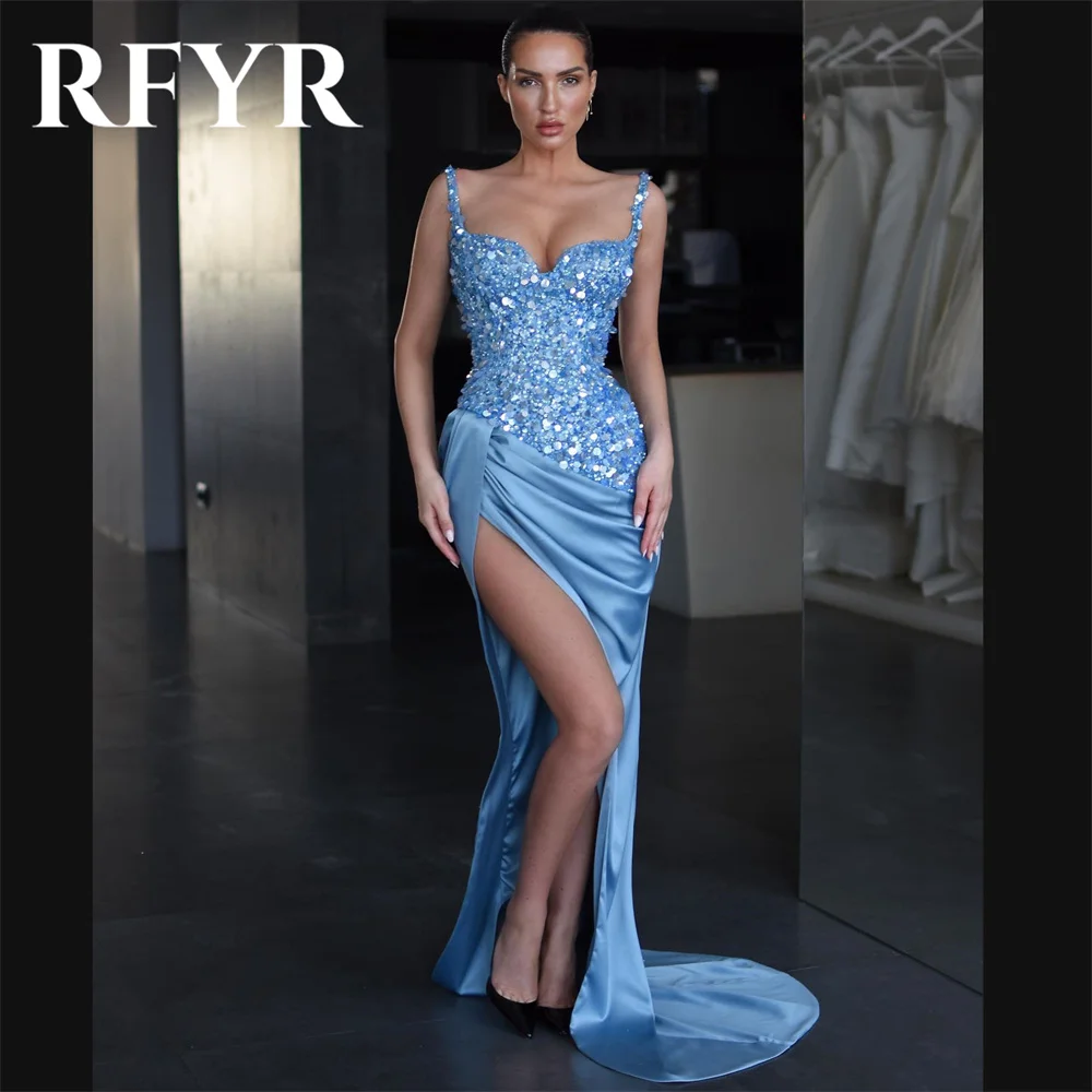 

RFYR Light Blue Prom Dress Long Mermaid Spaghetti Straps Sequins Satin 2024فساتين السهرة High Side Slit Sexy Vestido De Festa