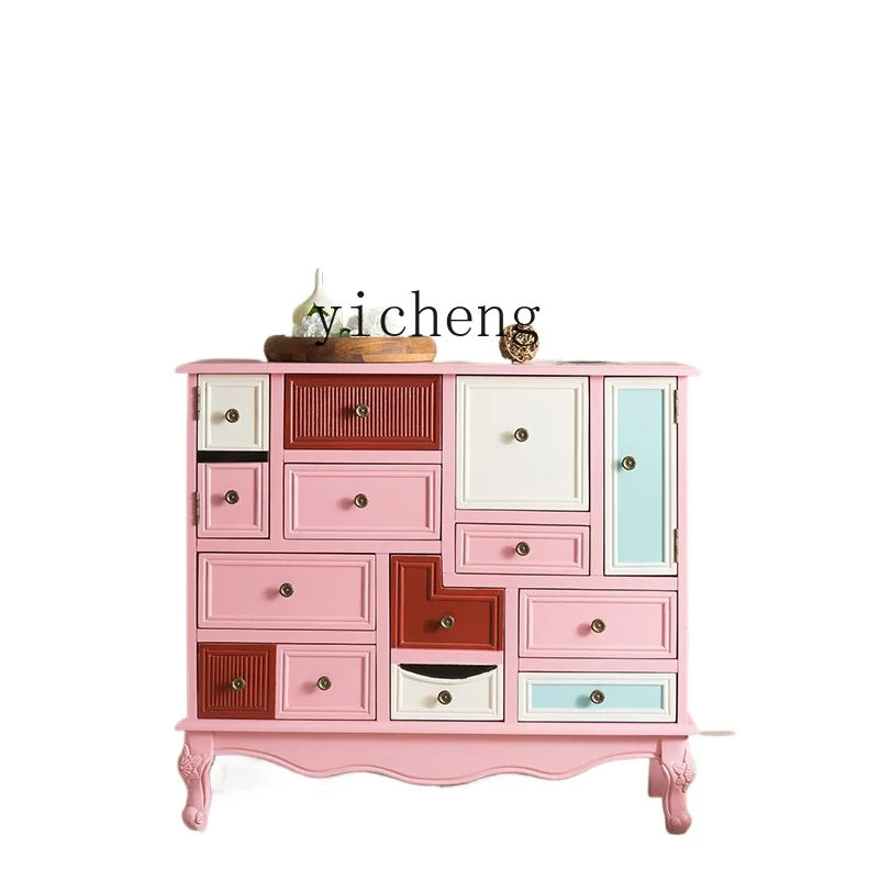 

Tqh Country Vintage Solid Wood Pink Painted Locker Entrance Cabinet Decorative Storage Cabinet