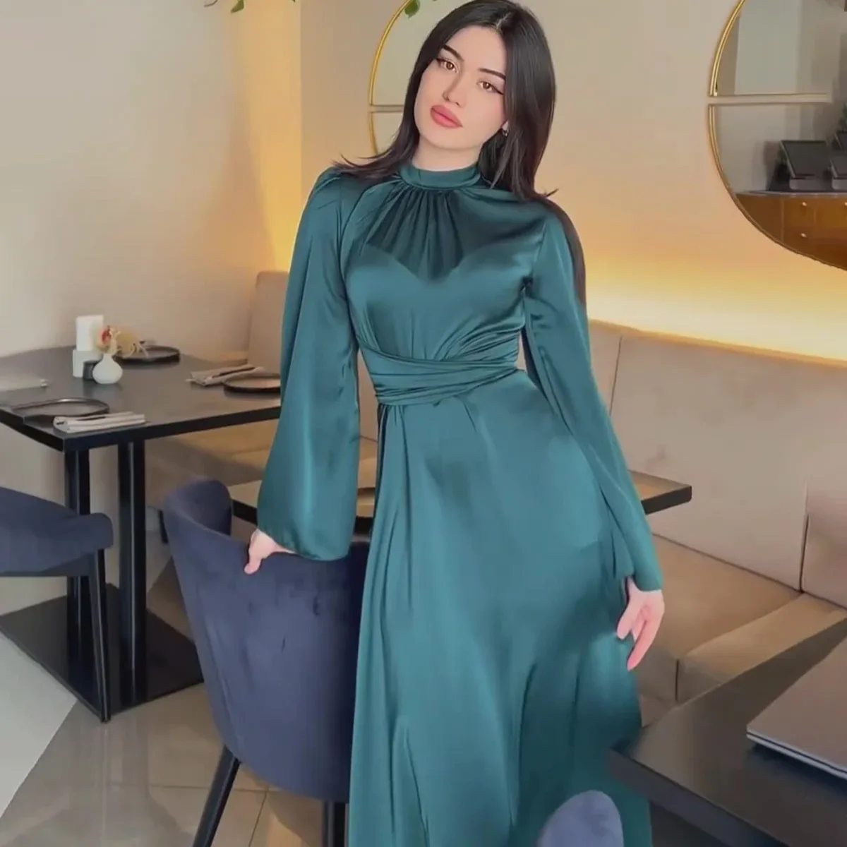 Elegant Satin High Waist Women Maxi Dress Long Sleeve Slim Banquet Long Bodycon Evening Party Dresses Chic Robes