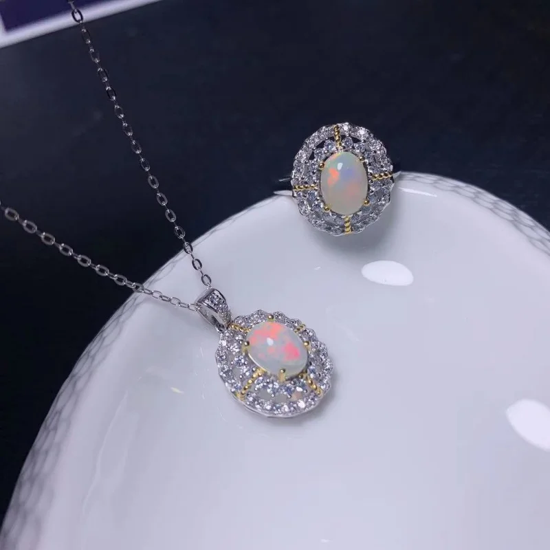

Natural Opal Set 925 Silver Inlaid Pendant Ring Women Girlfriend