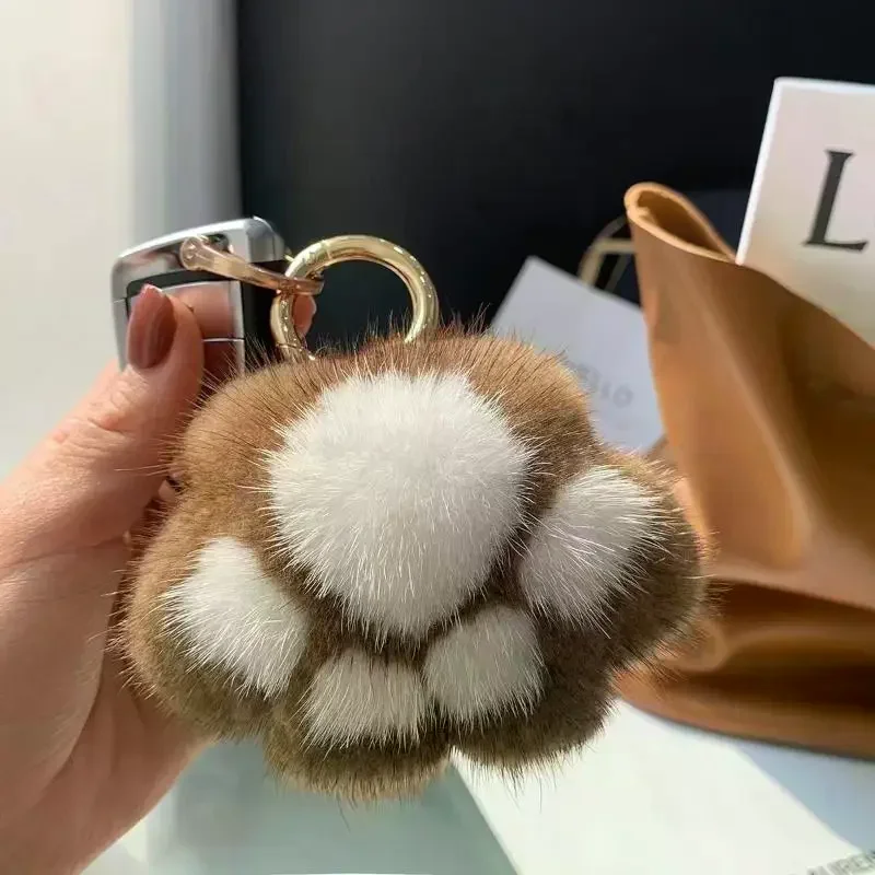 LLavero con colgante de pata de gato, llavero esponjoso Kawaii de piel sintética, bonito juguete de peluche, llavero, mochila, colgante de llave de coche