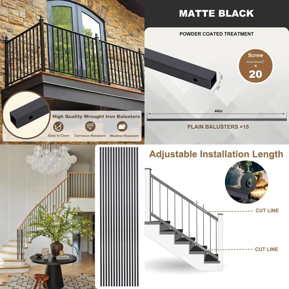 

15-Pack 44 Black Hollow Iron Balusters for Staircases - Straight, Half-Inch Diameter