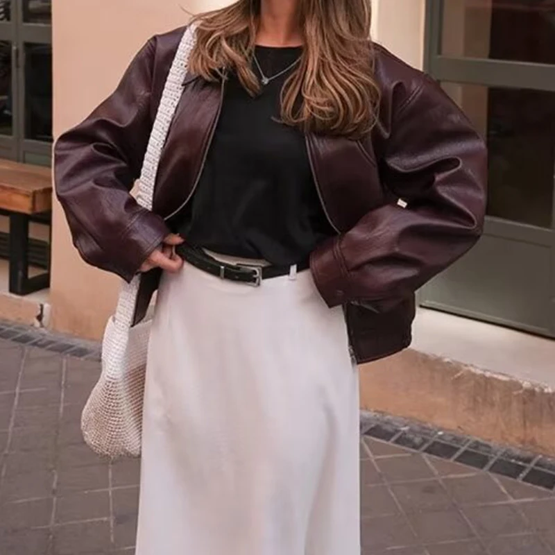 Leather Jackets Women's Coat Pu Jacket Faux Coat Solid Outwear Streetwear Fashion Long Sleeve Tops With Zipper ins 2024 Jacket