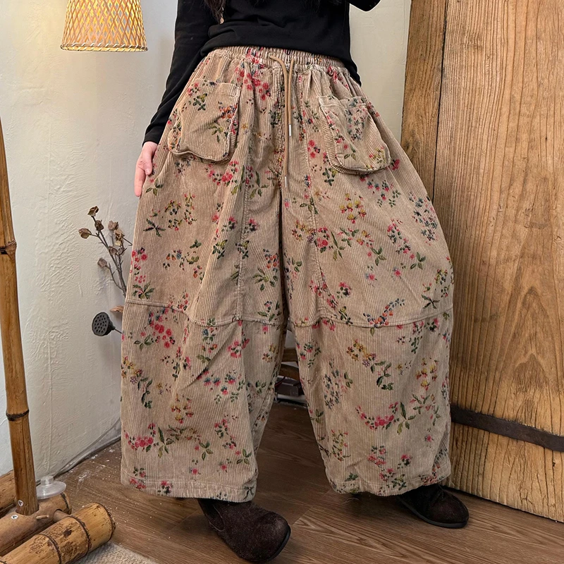 2025 New Arrival Autumn Women Cotton Corduroy Ankle-length Pants Casual Loose Elastic Waist Vintage Print Harem Pants H114