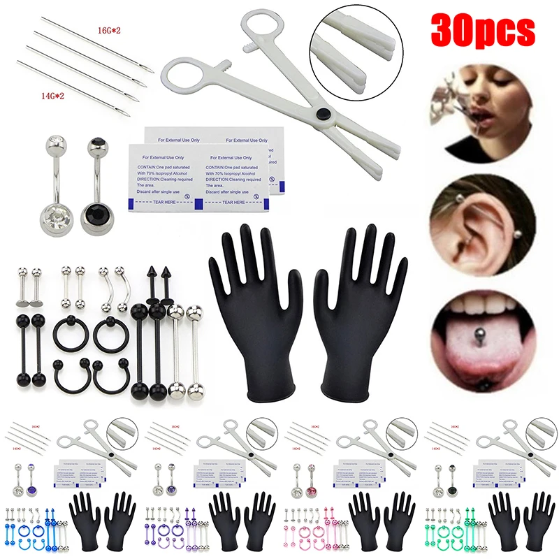 Body Piercing Kit With Needle Pack Nose Septum Belly Button Piercing Tool Kit Ear Tragus Nipple Eyebrow Labret Pircing Set Clamp