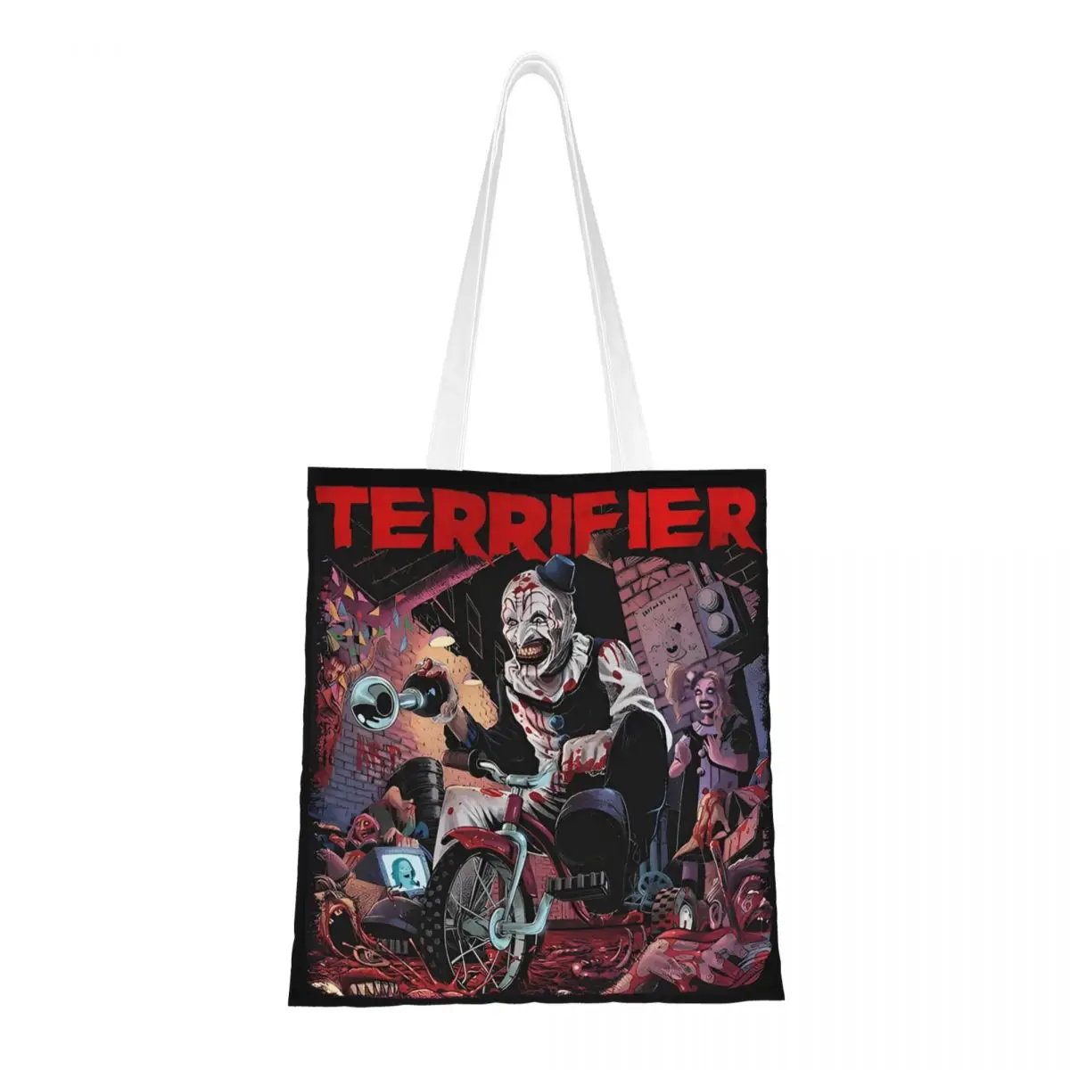 Custom Reusable Terrifiers Halloween Horror Movie Shopping Bag Women Shoulder Canvas Tote Bag Durable Grocery Shopper Bags